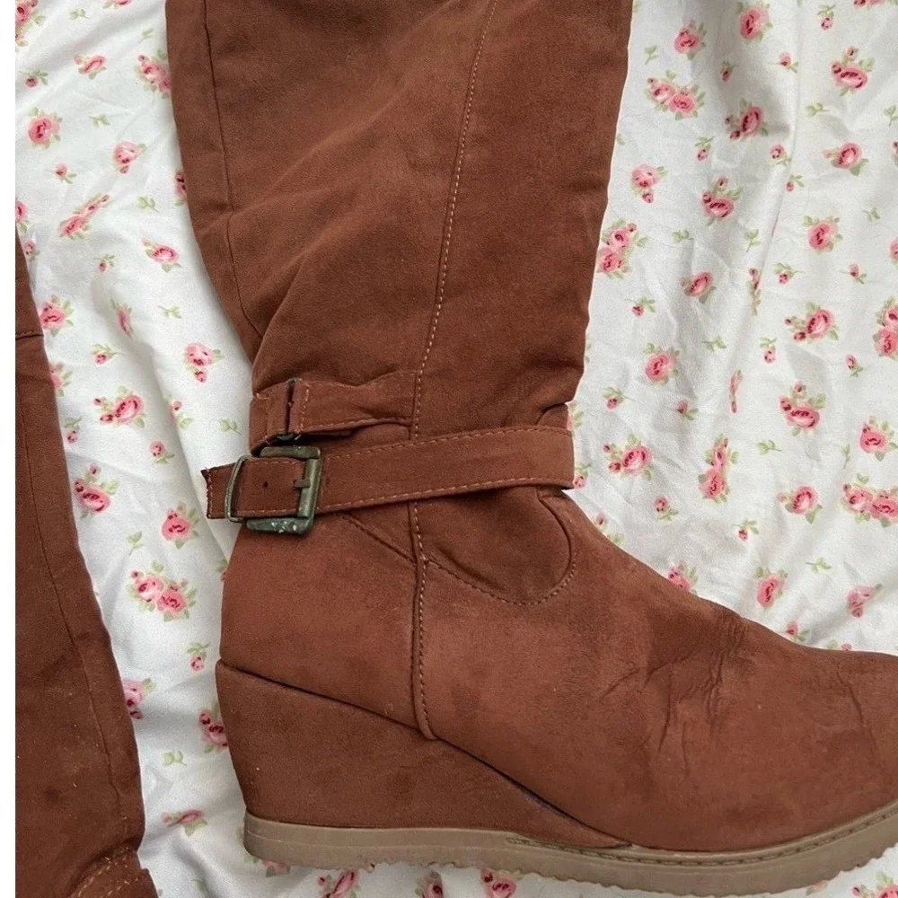 vintage brown suede knee boots with‎ buckle detail and wedge heel